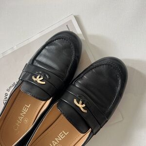 CHANEL black metal cc logo vintage loafers